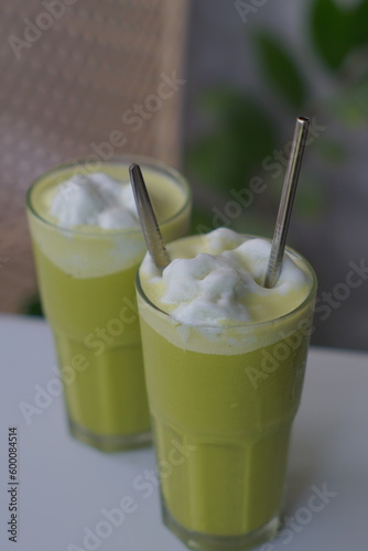 glass of Macha green tea milk shake