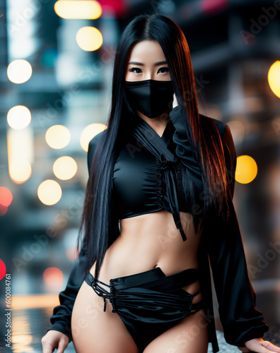 Sexy woman ninja in black kimono clothes during rain. Generative AI