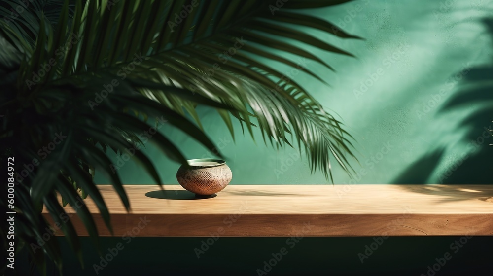 Cleanse wooden table counter with tropical palm tree in dappled daylight. AI Generated