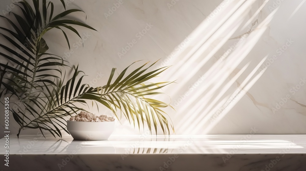 Obliged beige cotton tablecloth on counter table, tropical dracaena tree in sunshine on white divider establishment. AI Generated Obliged beige cotton tablecloth on counter table, tropical dracaena tree in sunshine on white divider establishment. AI Generated
