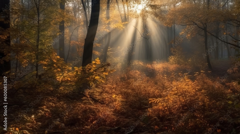 Obraz premium Disorienting scene of an collect time timberland with sunrays entering through the branches. AI Generated