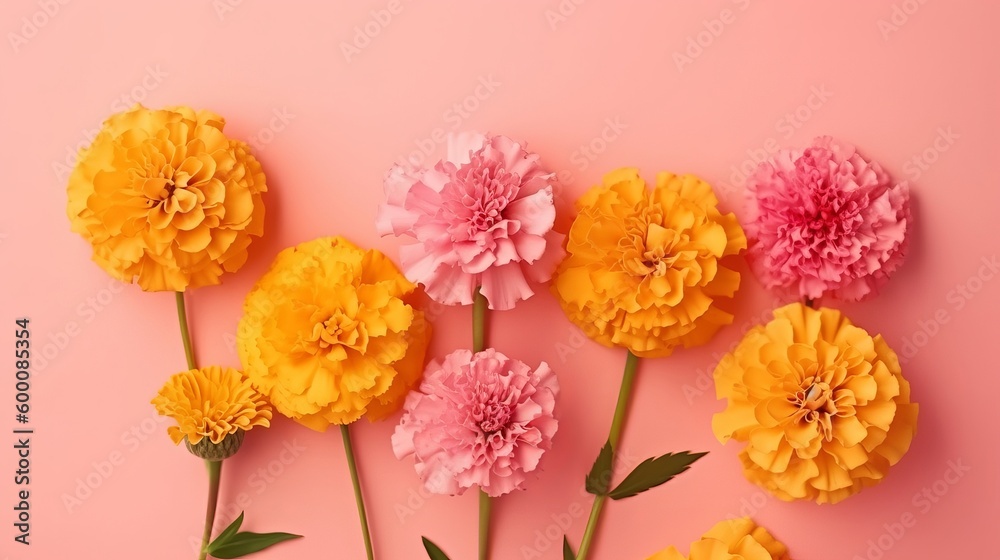Spring marigold makes on pink pastel establishment beat see in level lay organize. AI Generated