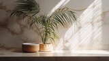 Obliged beige cotton tablecloth on counter table, tropical dracaena tree in daylight on white divider foundation. AI Generated