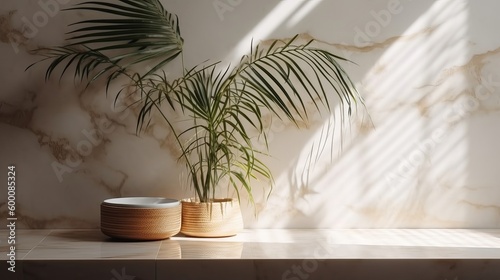 Obliged beige cotton tablecloth on counter table, tropical dracaena tree in daylight on white divider foundation. AI Generated