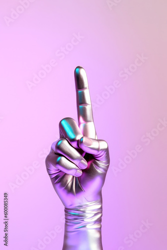 Neon rainbow colored futuristic robot hand in gloves pointing one finger on pastel purple background. Generative AI.