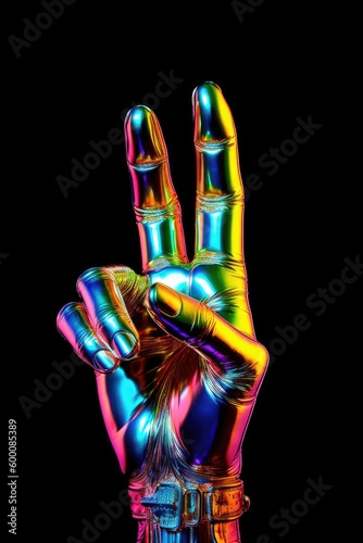 Neon rainbow colored futuristic robot hand showing peace sign on black background. Generative AI.