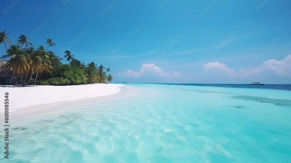Naklejka premium tropical Maldives island with white sandy shoreline and ocean. palm. AI Generated