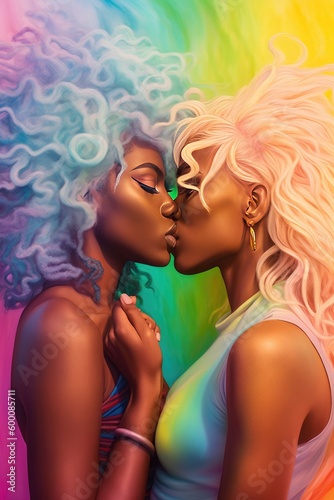 Illustration of two afro-american curly young happy girls kissing under the neon rainbow colored lights. Lgbt gay couple, pride support. Generative AI. © Glittering Humanity