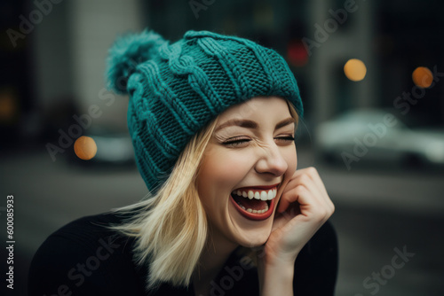 Lachende Frau mit grüner Wollmütze