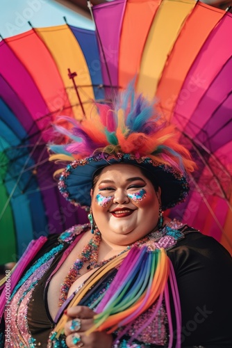 Happy smiling overweight lgbt woman with hat and crazy outfit in rainbow colored clothing celebrating the pride. Generative AI.