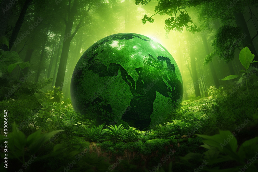 World environment and Earth Day concept with green globe and eco friendly enviroment. Generative ai World environment and Earth Day concept with green globe and eco friendly enviroment. Generative ai