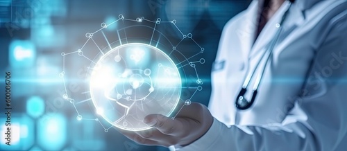 Digital healthcare and network connection on hologram virtual screen, insurance. medical technology and network concept. by ai generative
