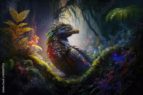 fairytale bird creature in the forest. distinct generative AI image.