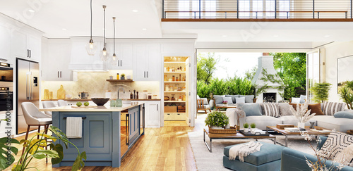 Obraz na plátně Open plan living room with white kitchen and pantry