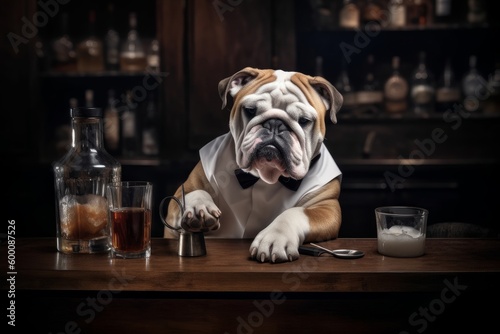 dressed British bulldog barkeeper in his environment, AI Generative © MendyZa