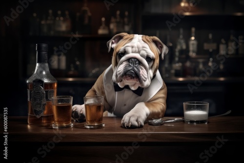dressed British bulldog barkeeper in his environment, AI Generative