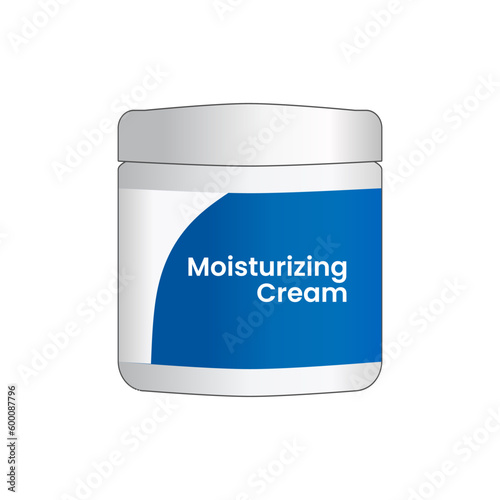 Moisturizing cream bottle with blue label in trendy realistic style vector illustration. The best popular cosmetic product in the world. Editable graphic resources for many purposes.