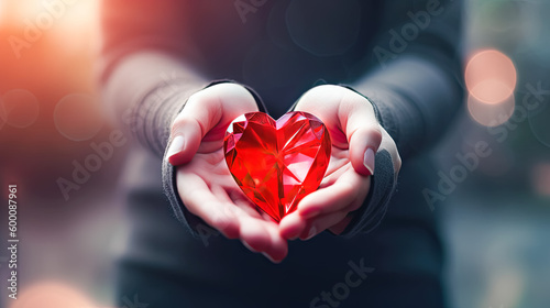 hands holding red heart on blurry background for health care and world heart day celebration  generative AI