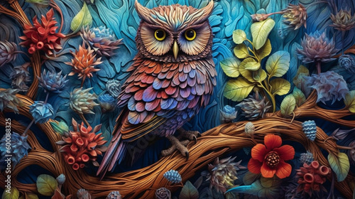Colorful owl with flowery background Generative ai © Pixelated Paradise