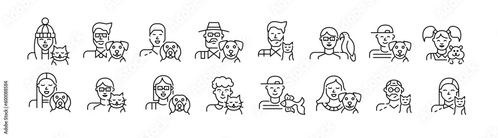 Pet owners of different ages. Cat, dog, fish and parrot love. Pixel perfect, editable stroke line set Pet owners of different ages. Cat, dog, fish and parrot love. Pixel perfect, editable stroke line set