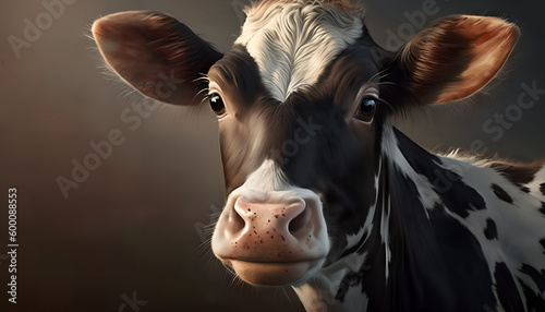 A cow with a brown and white muzzle and black nose. 