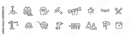 Labor day September 1st symbols. Manual labor and construction workers, holidays. Pixel perfect, editable stroke line icons set