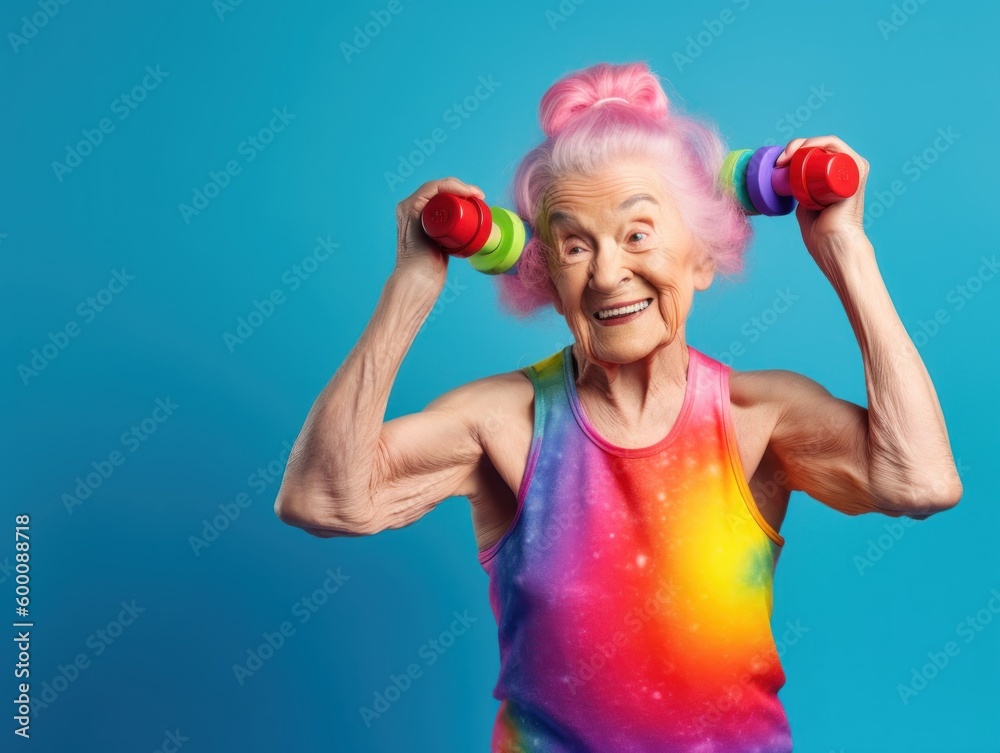 Modern Aging. A playful portrait of a smiling senior woman stretching in yoga poses. Generative AI Modern Aging. A playful portrait of a smiling senior woman stretching in yoga poses. Generative AI