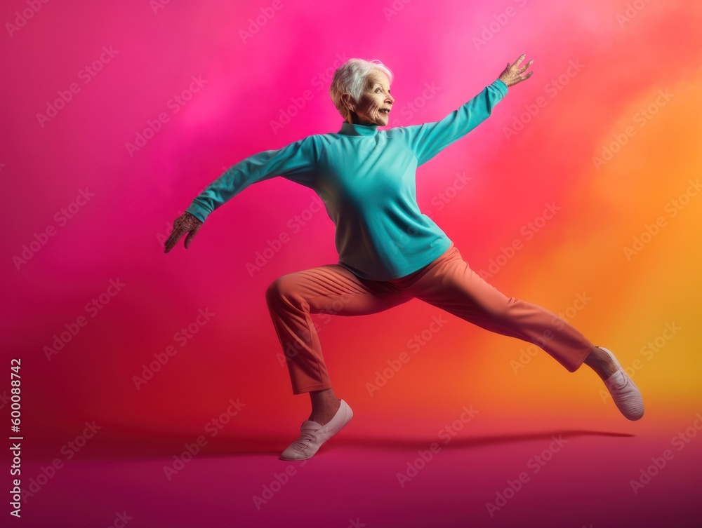 Modern Aging. A playful portrait of a smiling senior woman stretching in yoga poses. Generative AI