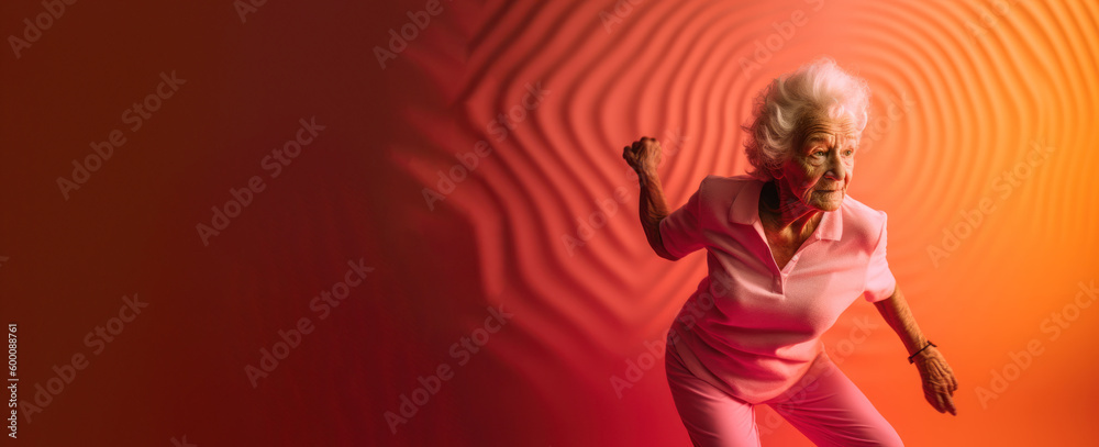 Obraz premium Modern Aging. A playful portrait of a smiling senior woman stretching in yoga poses. Generative AI
