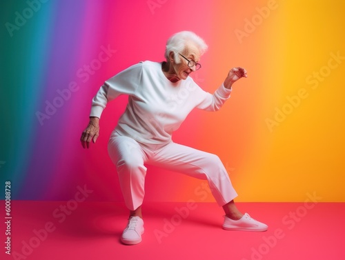 Modern Aging. A playful portrait of a smiling senior woman stretching in yoga poses. Generative AI