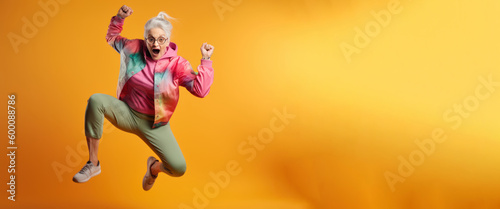 Modern Aging. A playful, energetic portrait of an older woman in workout clothes jumping for joy on a colorful gradient background. Generative AI photo
