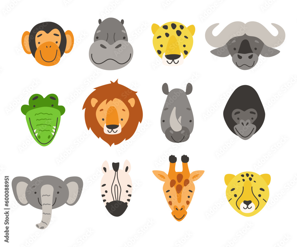 African animals heads. Vector cartoon set. Safari animals clip art