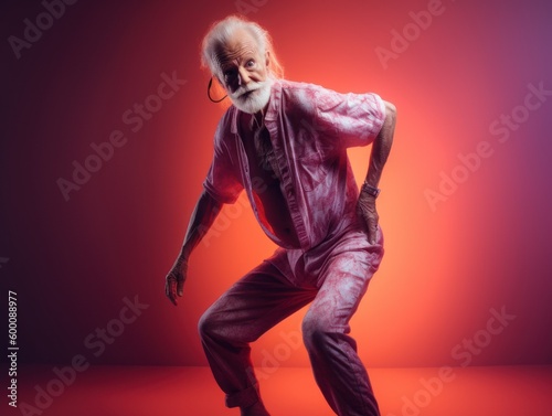 Modern Aging. An energetic image of a smiling elderly gentleman in athletic attire doing stretching exercises on a bright gradient background. Generative AI