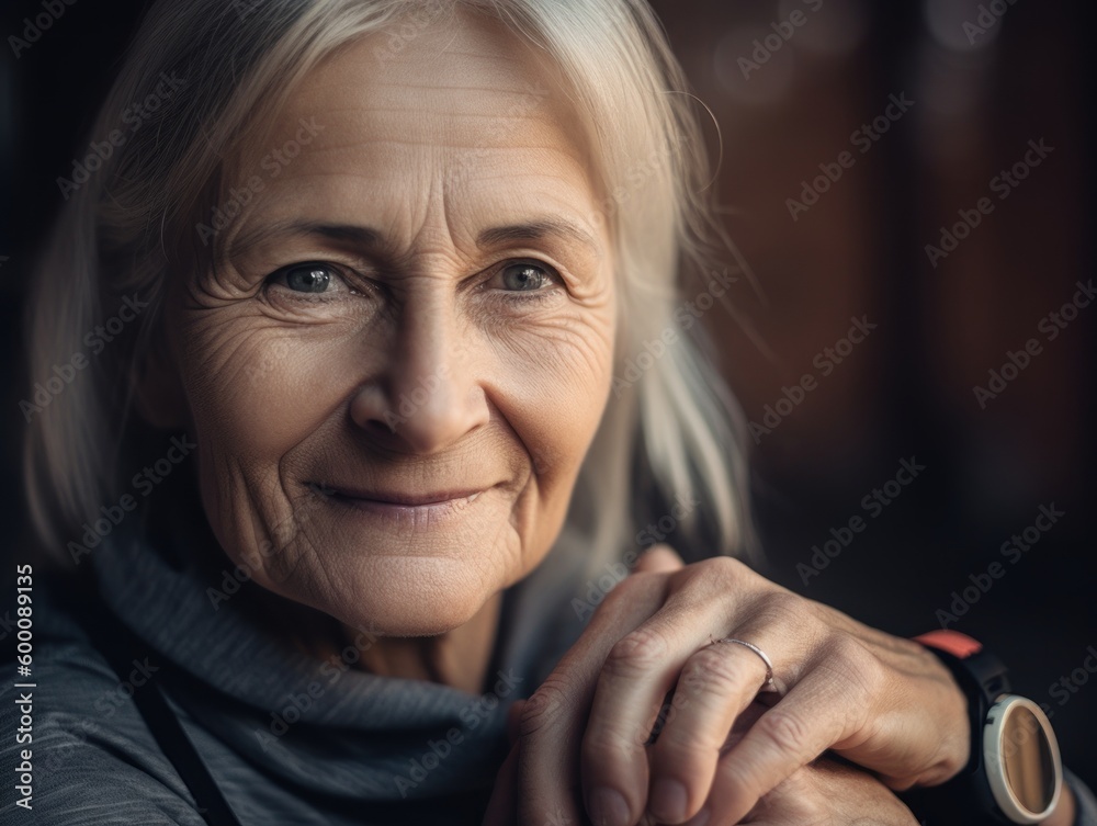 Modern Aging. Close-up portrait of an older woman using a fitness tracker to monitor her daily activity. Generative AI Modern Aging. Close-up portrait of an older woman using a fitness tracker to monitor her daily activity. Generative AI
