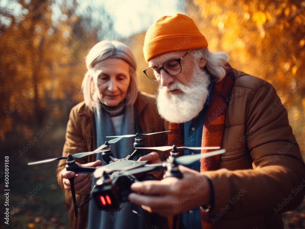 Modern Aging. Playful image of a couple of retired friends having fun with a drone camera. Generative AI Modern Aging. Playful image of a couple of retired friends having fun with a drone camera. Generative AI