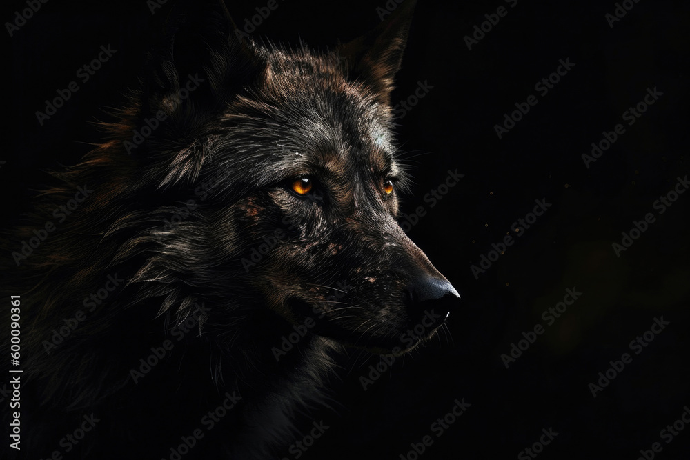 A dark wolf on a matte dark background. Generative AI