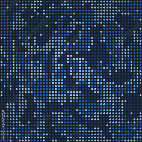 Halftone digital navy camouflage. LED screen pattern in dark blue tones, camo grid, polka dot background. Seamless vector texture