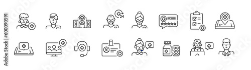Healthcare professionals and hospital. General practitioner, 24 hour support, online services. Pixel perfect, editable stroke icons set