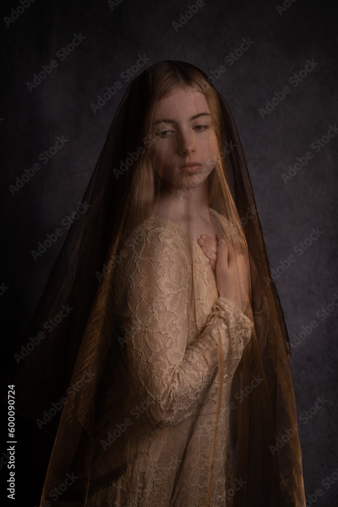 classic dark painterly renaissance portait of girl in white dress with ...