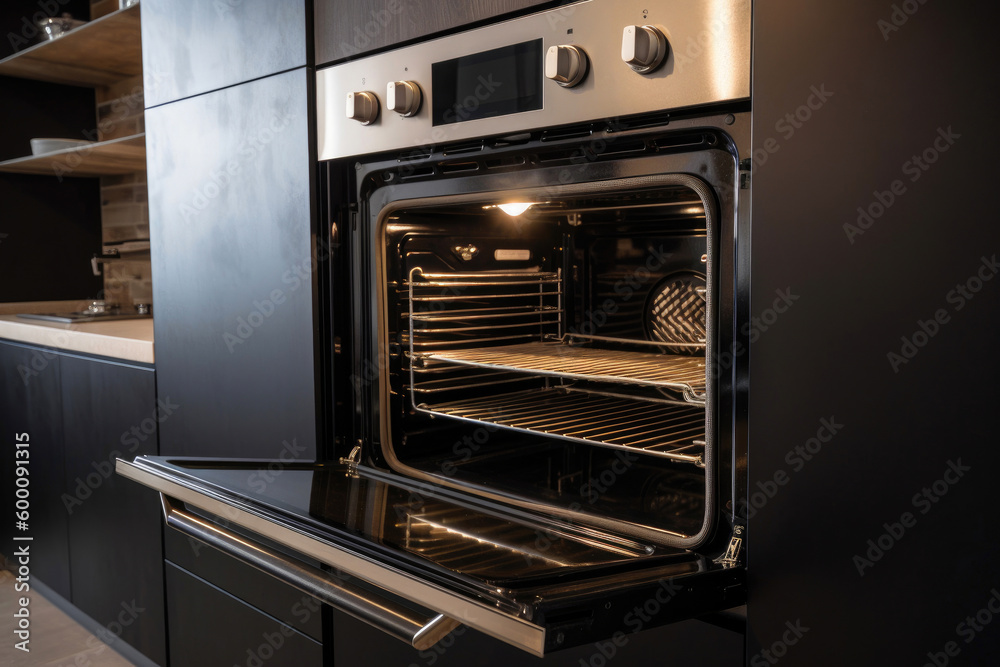 Open modern oven built in kitchen furniture. Generative AI Open modern oven built in kitchen furniture. Generative AI