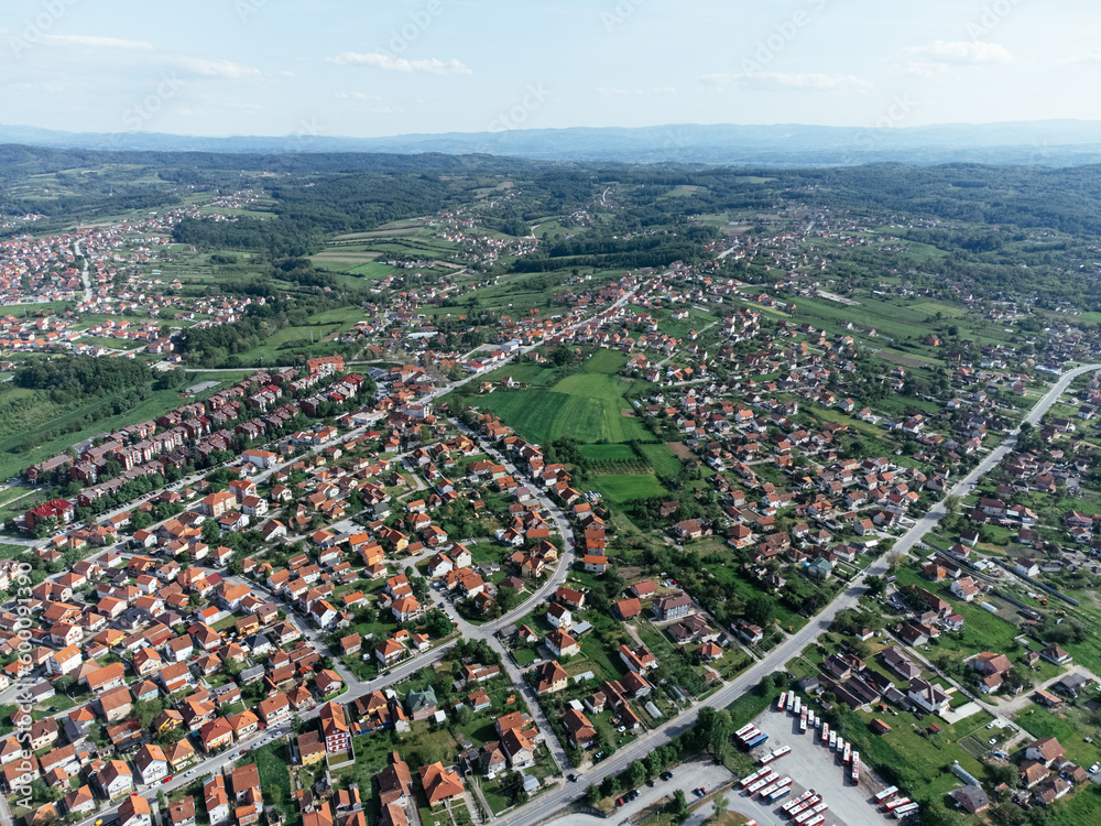 Lazarevac, Kolubara district of Serbia. Drone view of the city on a sunny day