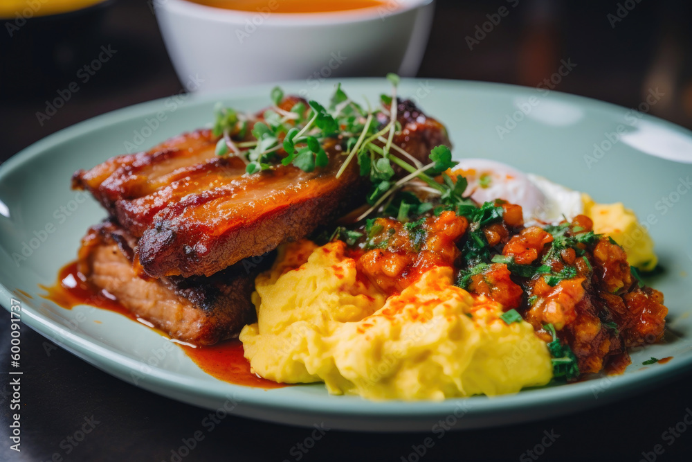 Pork belly and scrambled eggs. Generative AI