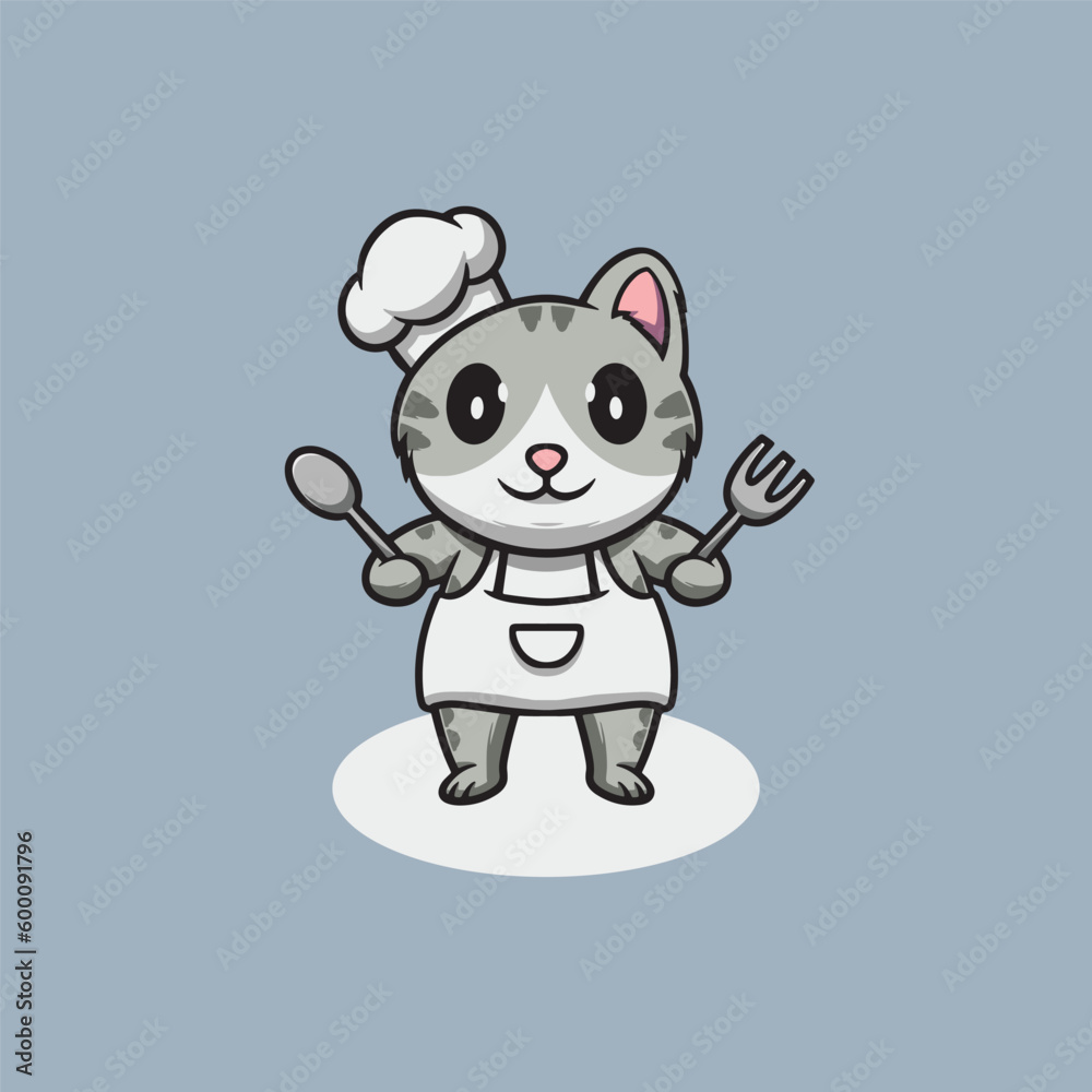 Cute cat cooking cartoon icon illustration