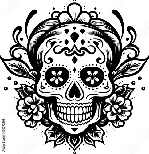 skull day of the dead icon in black and white