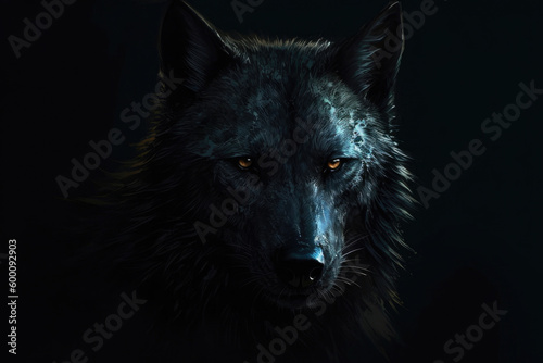 A dark wolf on a matte dark background. Generative AI photo