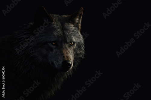 A dark wolf on a matte dark background. Generative AI