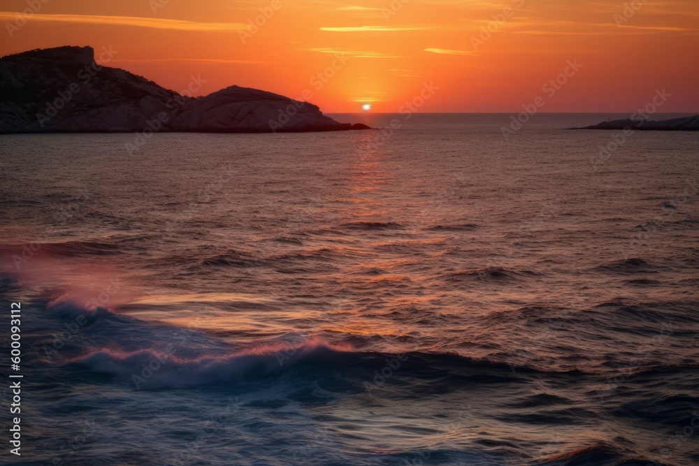 Sunrise over sparkling Adriatic waters. photograph the sea meeting the dawn sky with islands or cliffs silhouetted against colorful layers of pink, peach and tangerine hues. Generative AI