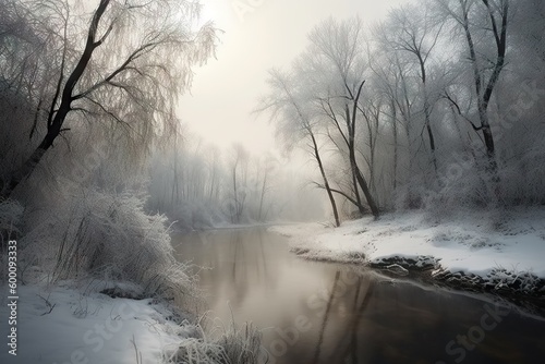 Winter Forest River Background: Scenic Nature Landscape with Snowy Trees. Generative AI illustrations © Thares2020