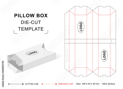 Rectangle pillow box die cut template with 3D blank vector mockup for food packaging