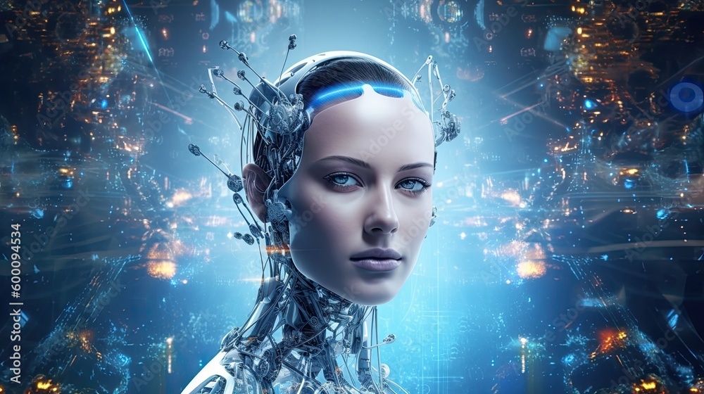 Beautiful cyborg girl with connections and technology background. Generative AI Beautiful cyborg girl with connections and technology background. Generative AI